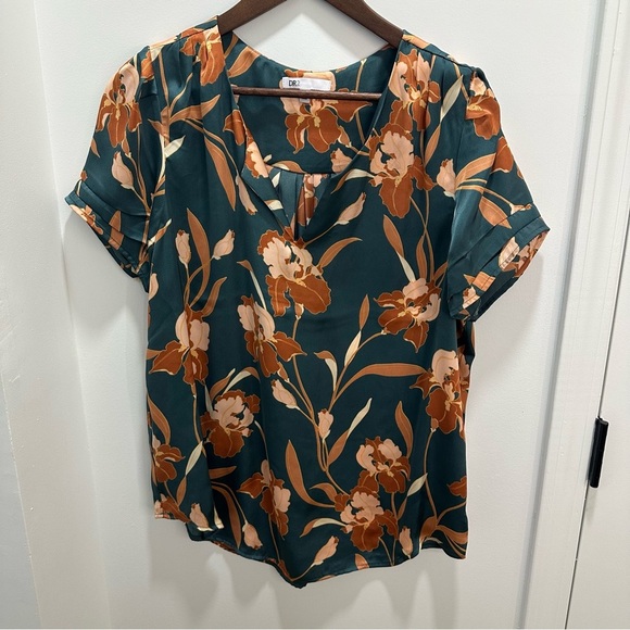 DR2 Tops - DR2 Women's L Green and Brown Floral Blouse